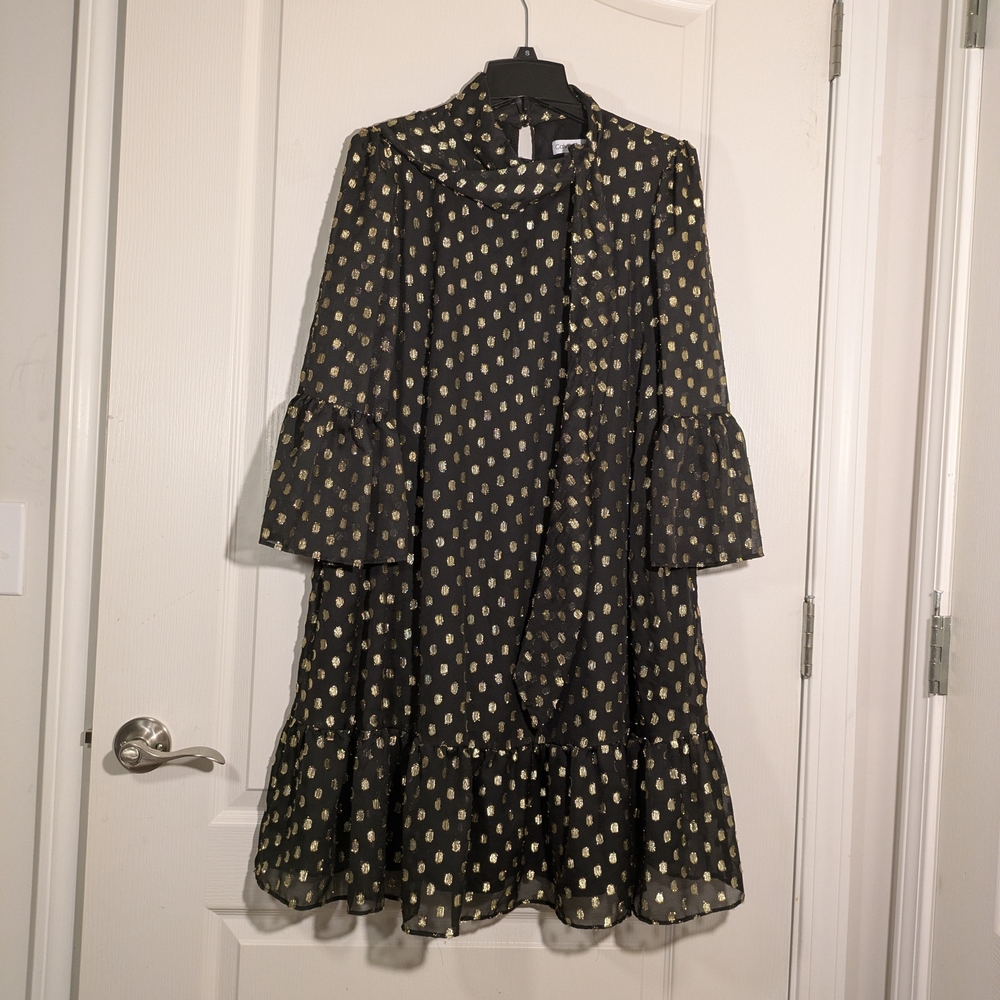 Calvin Klein Black and Gold Polka Dot Mini Dress